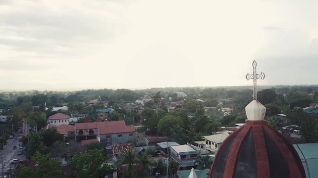 Church in the Philippines overview of the city drone shot