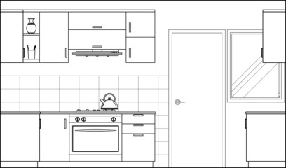 Kitchen and pantry side elevation drawing complete with cabinets, appliance and utensils in 2D CAD drawing. Drawing in black and white.  
