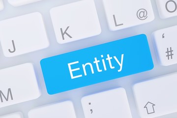 Entity. Computer Tastatur von oben zeigt Taste mit Wort hervorgehoben. Software, Internet, Programm