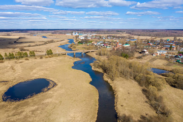 Panorama of the village of Dunilovo and the Teza River, Ivanovo Region, Russia on a sunny spring day.