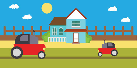 Naklejka premium Farm Cartoon. Vector Flat Design Rural Scene with Windmills and Tractor
