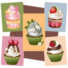 Realistic vector illustrations of cupcakes. Sweets on his birthday. Set for the holidays. For creativity and design. Icons for websites.