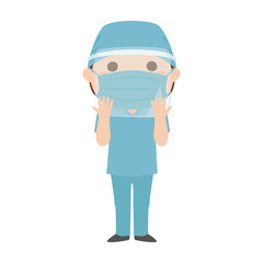 手術着を着た、フェイスシールドをつけてる女性医師。