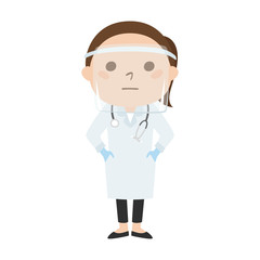 感染予防の為、フェイスシールドをしている女性医師。