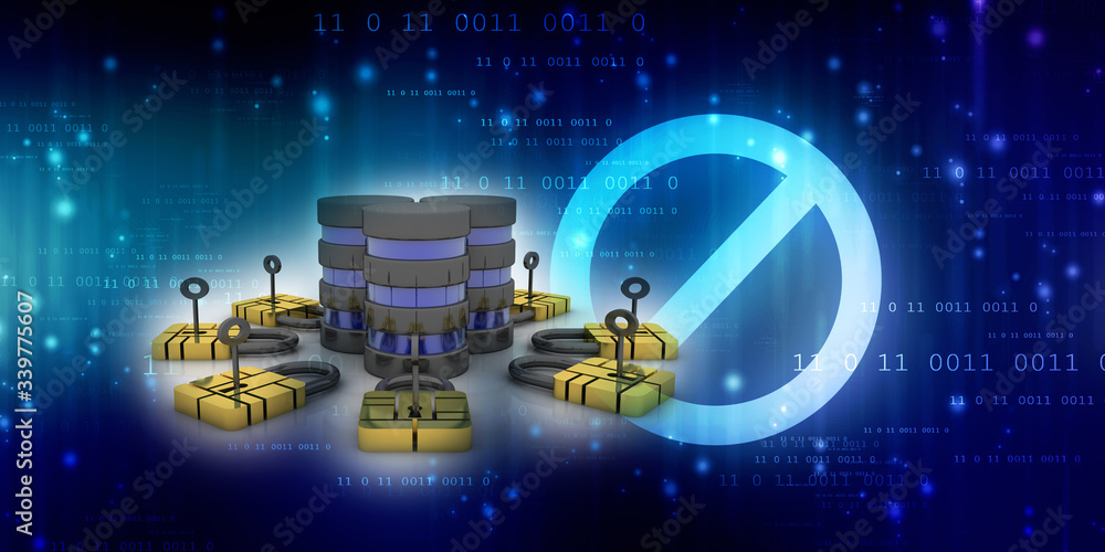Poster 3d illustration database storage security concept. disk with lock