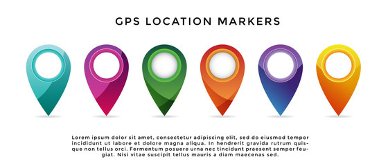 A set of 6 GPS navigation location marker pin icon of different designs and color scheme isolated on white background. Vector illustration