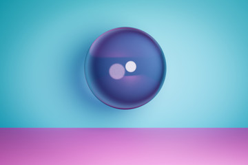 3D rendering. Purple inflatable ball. Close-up geometric figure of a ball with a flap on a pink floor and a blue background