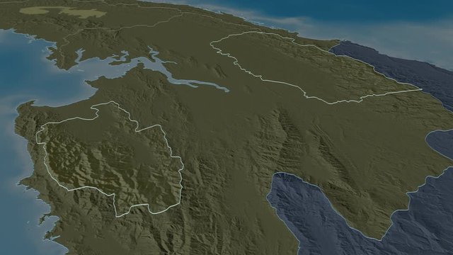Ember&aacute;, indigenous territory with its capital, zoomed and extruded on the administrative map of Panama in the conformal Stereographic projection. Animation 3D