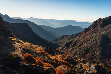 Fototapeta premium Beautiful landscape of Himalayas mountain range in a morning sunrise, Mera peak climbing route in Nepal