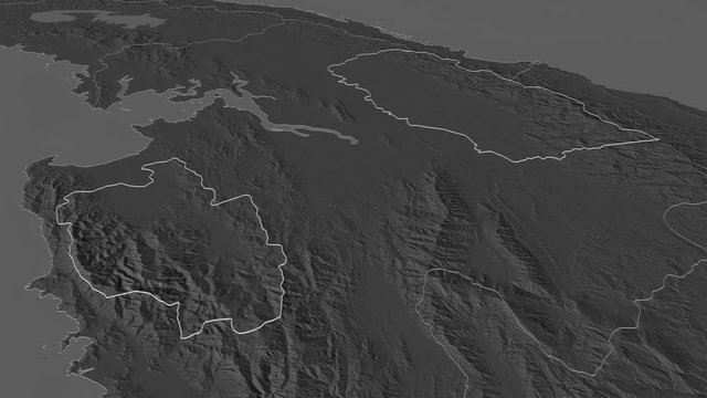 Ember&aacute;, indigenous territory with its capital, zoomed and extruded on the bilevel map of Panama in the conformal Stereographic projection. Animation 3D