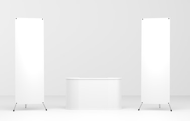 X-Banner and booth Stand Mockup. 3D Render.