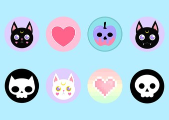 Cute pastel goth halloween icons included witchy cat skull heart and cat skull on pastel blue background