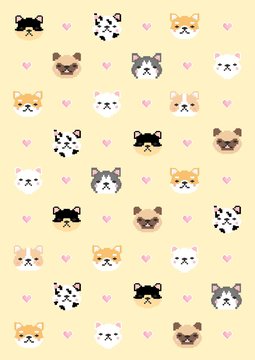 Cute 8-bit various dogs and pink heart shaped polka-dot patterns on yellow background
