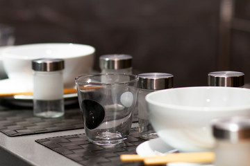 The tableware was set on the table