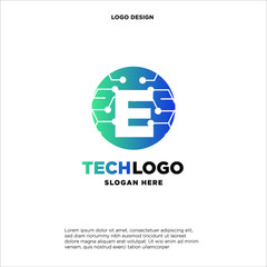 E Technology Circuit Alphabet. Logo. Simple, modern, futuristic. With Blue Gradation Color.