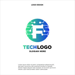 F Technology Circuit Alphabet. Logo. Simple, modern, futuristic. With Blue Gradation Color.