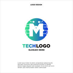 M Technology Circuit Alphabet. Logo. Simple, modern, futuristic. With Blue Gradation Color.