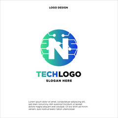N Technology Circuit Alphabet. Logo. Simple, modern, futuristic. With Blue Gradation Color.