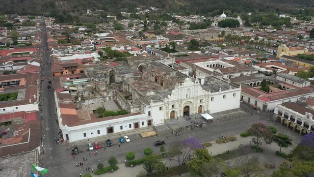 Aerial Drone View over St. James and St. Joseph Parish Cathedral in Antigua, Guatemala