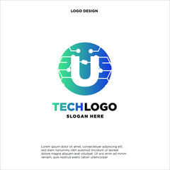 U Technology Circuit Alphabet. Logo. Simple, modern, futuristic. With Blue Gradation Color.
