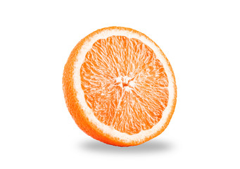 Macro photo of slice of orange fruit isolated on white background with shadow