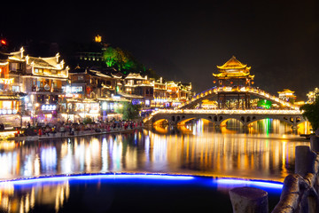 Fototapeta na wymiar Night scene of phoenix ancient city, xiangxi, China