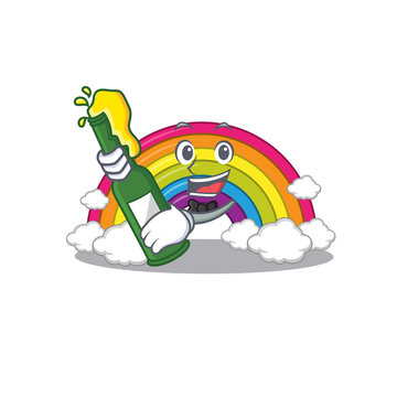 Mascot character design of rainbow say cheers with bottle of beer