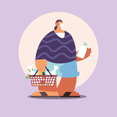 man with medical mask in the supermarket with precautions by coronavirus, social distancing