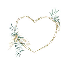 Heart frame. Gold and eucalyptus leaves. Provence style. Wedding invitation, poster design. © Марина Радышевская