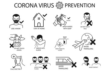 Coronavirus Prevention. Coronavirus icon set for infographic or website. New epidemic (2019-nCoV). Safety, health, remedies and prevention of viral diseases. Isolation. Vector illustration
