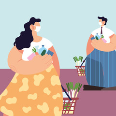 people with medical masks doing shopping in supermarket, social distancing