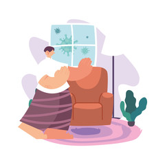 man stays home to stop the outbreak and the spread of the virus