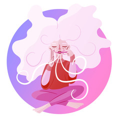 Beautiful magical girl sitting in lotus position and playing on the mouth harp. The state of the flow, trance, while playing the shamanic musical instrument. Vector isolated flat character for blog.