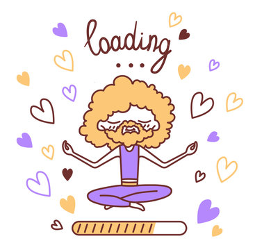 Vector isolated illustration a man with a beard, surrounded by hearts, sits in a lotus position and meditates. Caption Loading. Image for yoga sites, waiting for page loading.