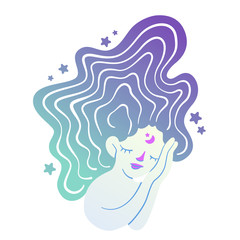 Cute girl with long hair, a symbol of the month and a star on her forehead sleeps a sweet dream. Vector isolated character for illustration of a fairy tale, book. Deep comfortable sleep, magical dream