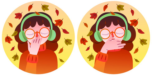 A pretty girl in glasses and warm headphones performs breathing practice. Vector isolated character illustrating two positions of the hands during the performance of pranayama. Autumn theme.