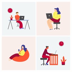 Work from home, home office. An employee works from home because of the 2019-nCoV coronavirus epidemic. Social Distancing Concept. Flat Vector Illustration Set.