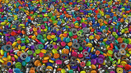 Heap of colored plastic and metal bearings. Industriaal background illustration. 3d render