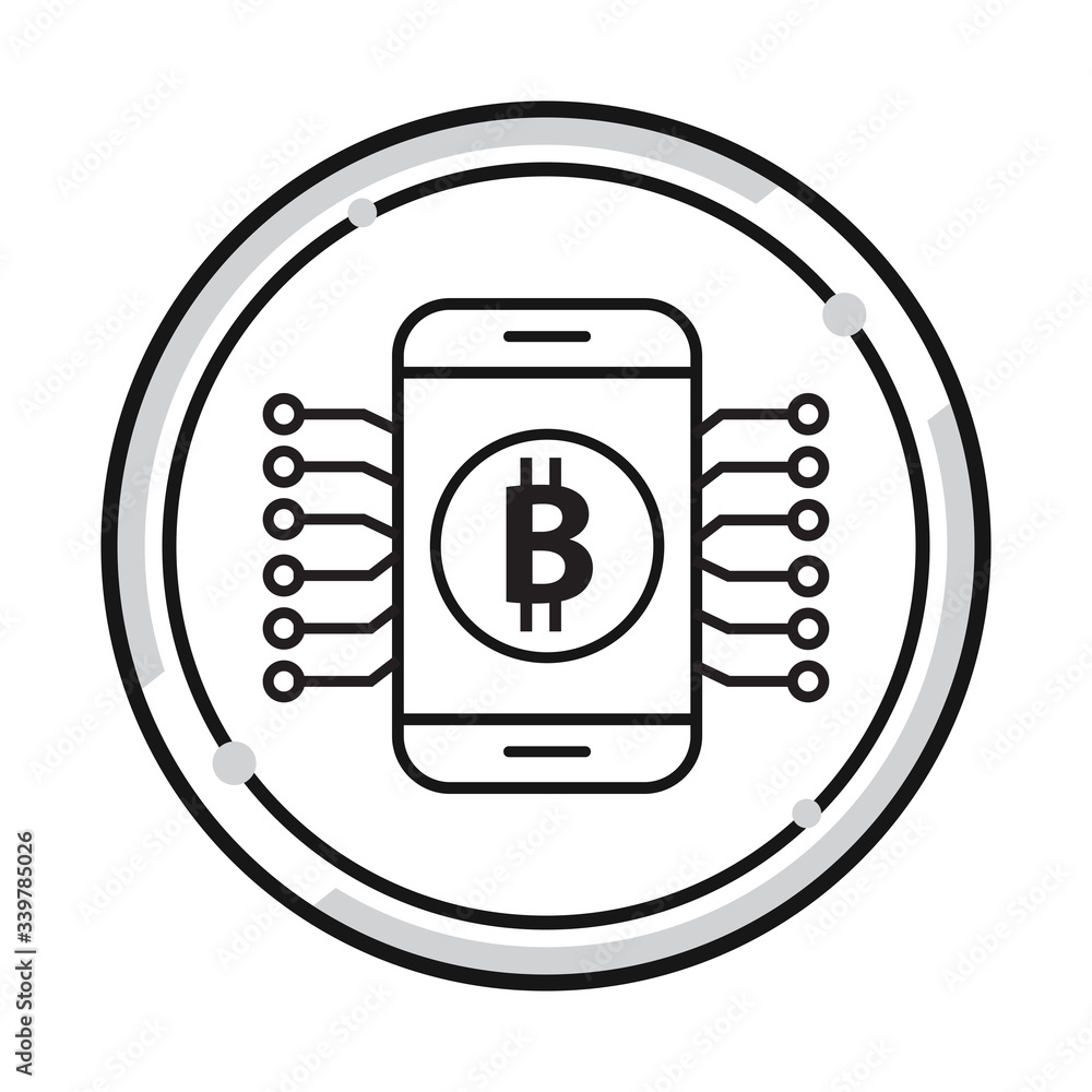 Poster smartphone with bitcoin symbol on screen. vector icon