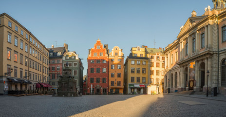 Morning view over the empty square 
Stor Torget in the old town district Gamla Stan in Stockholm at the corona shut down 