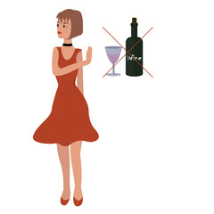 Fashionable girl in a dress and with a choker refuses alcohol. Say no to alcohol. Isolaed on white in vector.