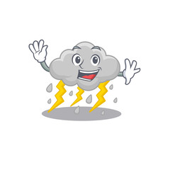 A charismatic cloud stormy mascot design style smiling and waving hand