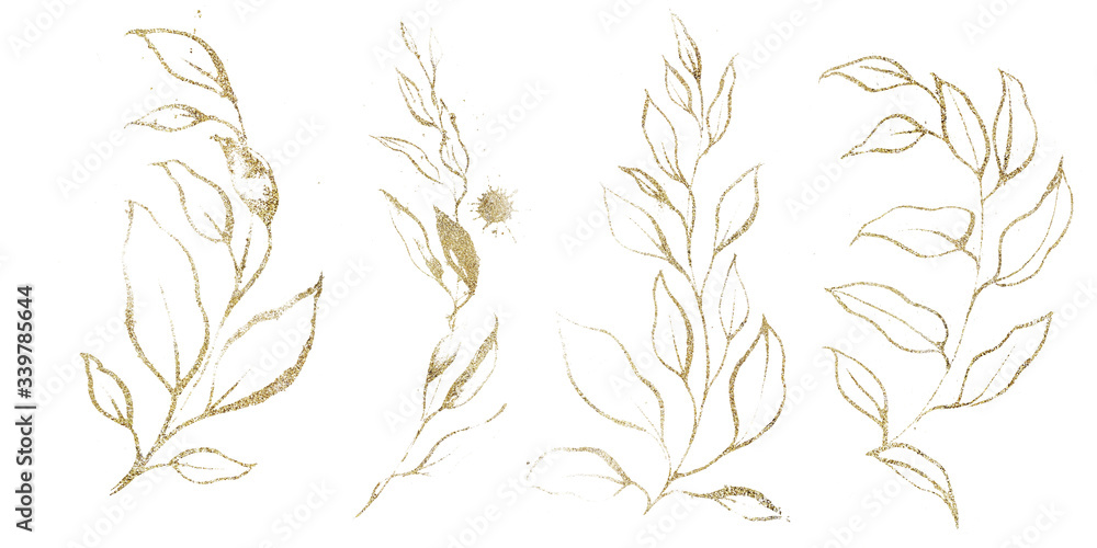 Wall mural Gold leaves line drawing. Elements for the design of wedding invitations, the design of social networks.