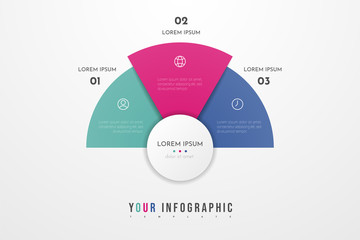 Abstract modern template for creating infographics with 3 options. Vector circle chart design. Can be used for workflow layout, presentations, reports, visualizations, diagram, web design, education.