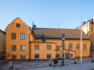 The church Finska kyrkan in the old town district Gamla Stan a sunny morning in a empty Stockholm...