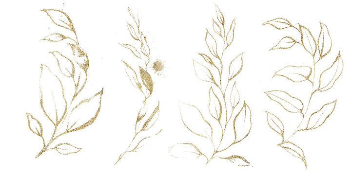 Gold leaves line drawing. Elements for the design of wedding invitations, the design of social networks.