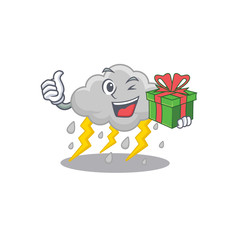 Smiling cloud stormy cartoon character having a green gift box