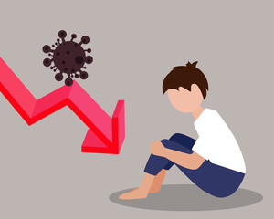 Economy down with Covid-19 crisis concept: There is a sad man who out of work. Virus with bars of chart and red down arrow for your design
