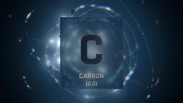 Carbon as Element 6 of the Periodic Table. Seamlessly looping 3D animation on blue illuminated atom design background with orbiting electrons. Design shows name, atomic weight and element number 