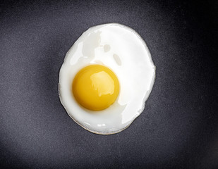 Closeup photo of fried egg on the pan surface